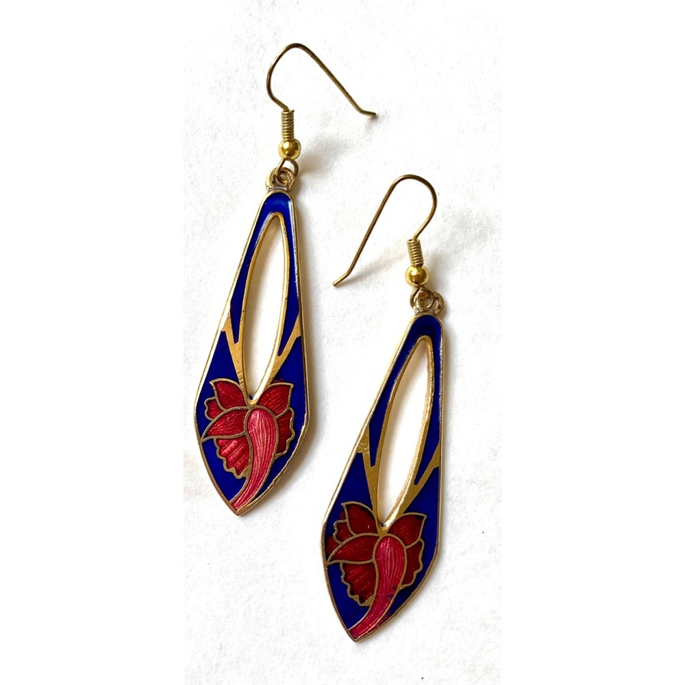 Vintage French Cloisonné Floral Enamel Dangle Hook Earrings Art Nouveau Flowers
